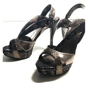 GUESS stiletto platform heels sandals. Silver 6
